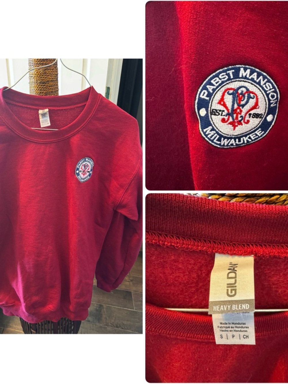 Gildan Red Crewneck Sweatshirt with Pabst Mansion Milwaukee Patch